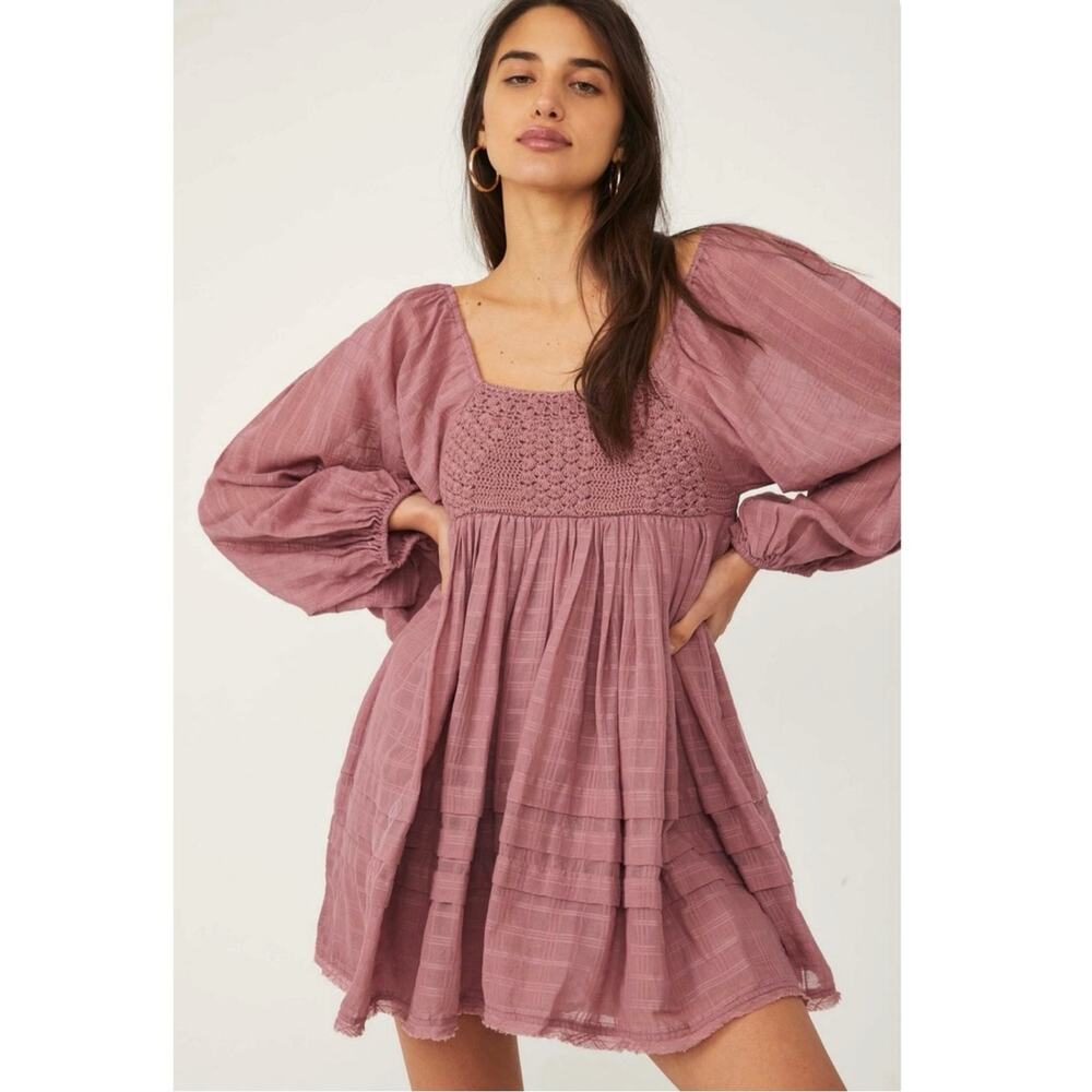 Free People Bohemian Cottage Crochet Beachy Ari Mini Dress Dried Currant Small